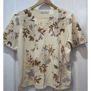 Alfred Dunner Neutral Colors Floral Short Sleeve Top Size Large Shoulder Pads